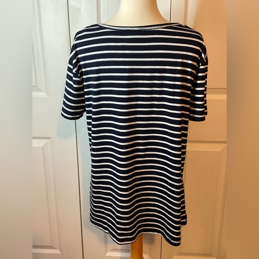 Umgee Navy Blue White Striped Scoop Neck Short Sleeve Top Shirt Small Tie Waist - Picture 3 of 4